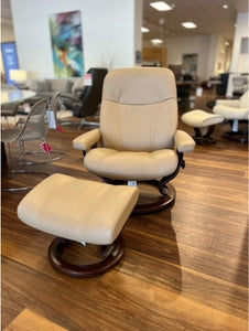  Stressless Large Consul Recliner and Ottoman in Batick Latte leather and base is Brown Stain