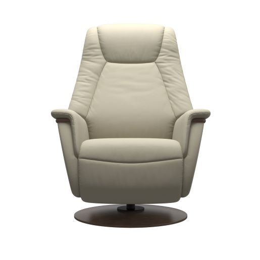 Modern light grey recliner chair with padded cushions and a round dark brown wood base 