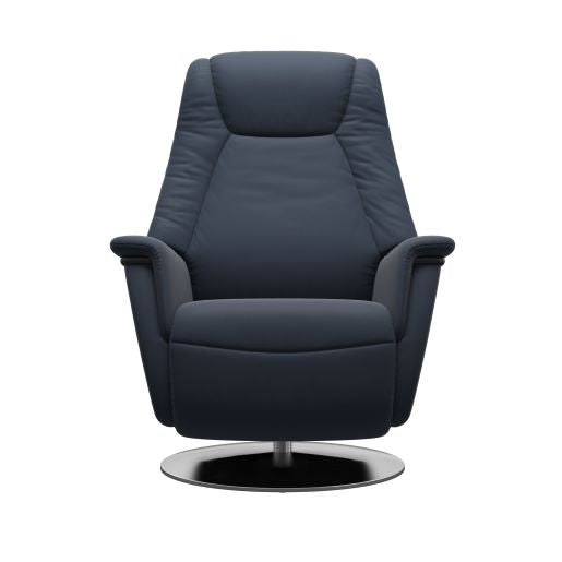 Paloma blue recliner chair with padded cushions and round metal base 