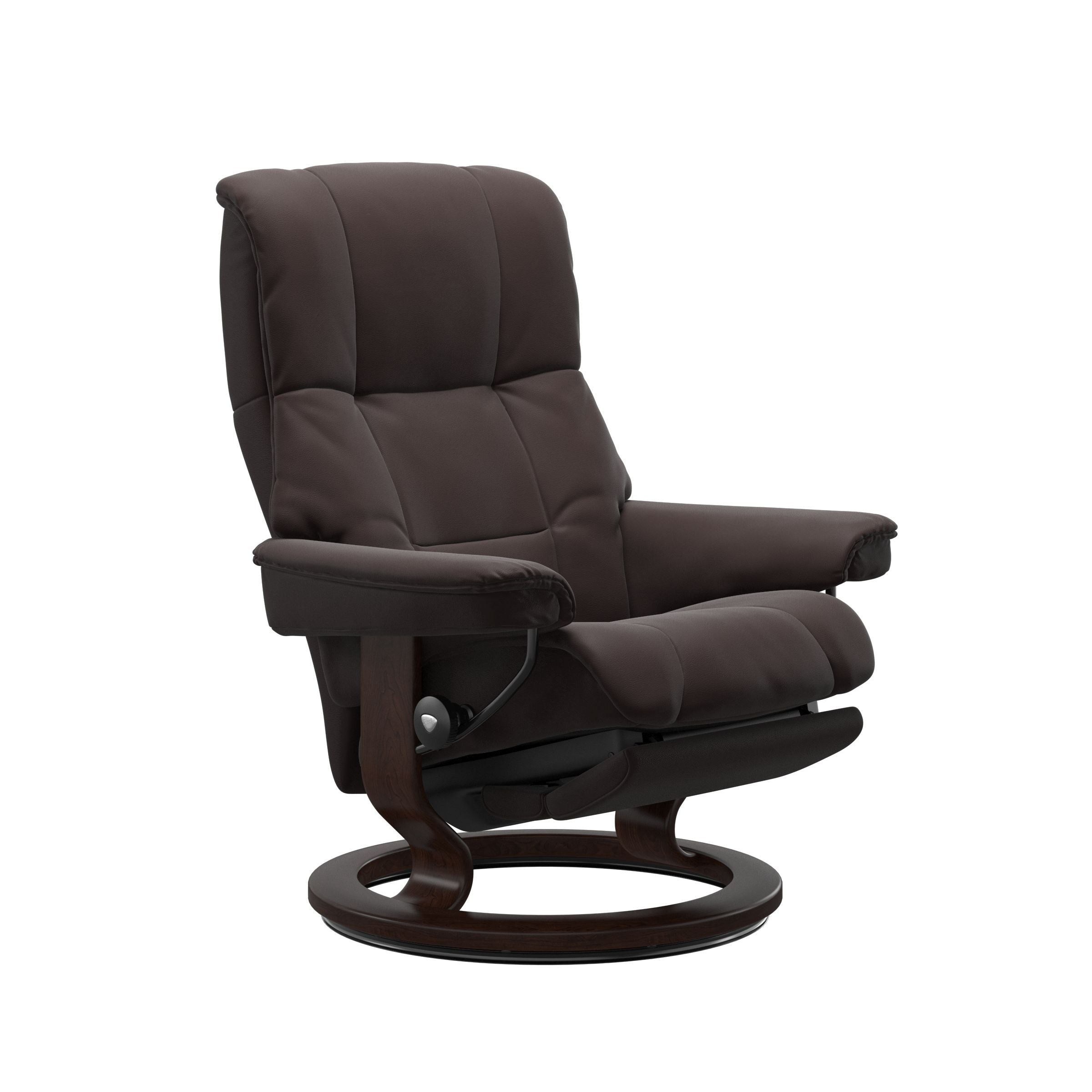 Classic Chocolate power recliner with round chocolate covered steal base 