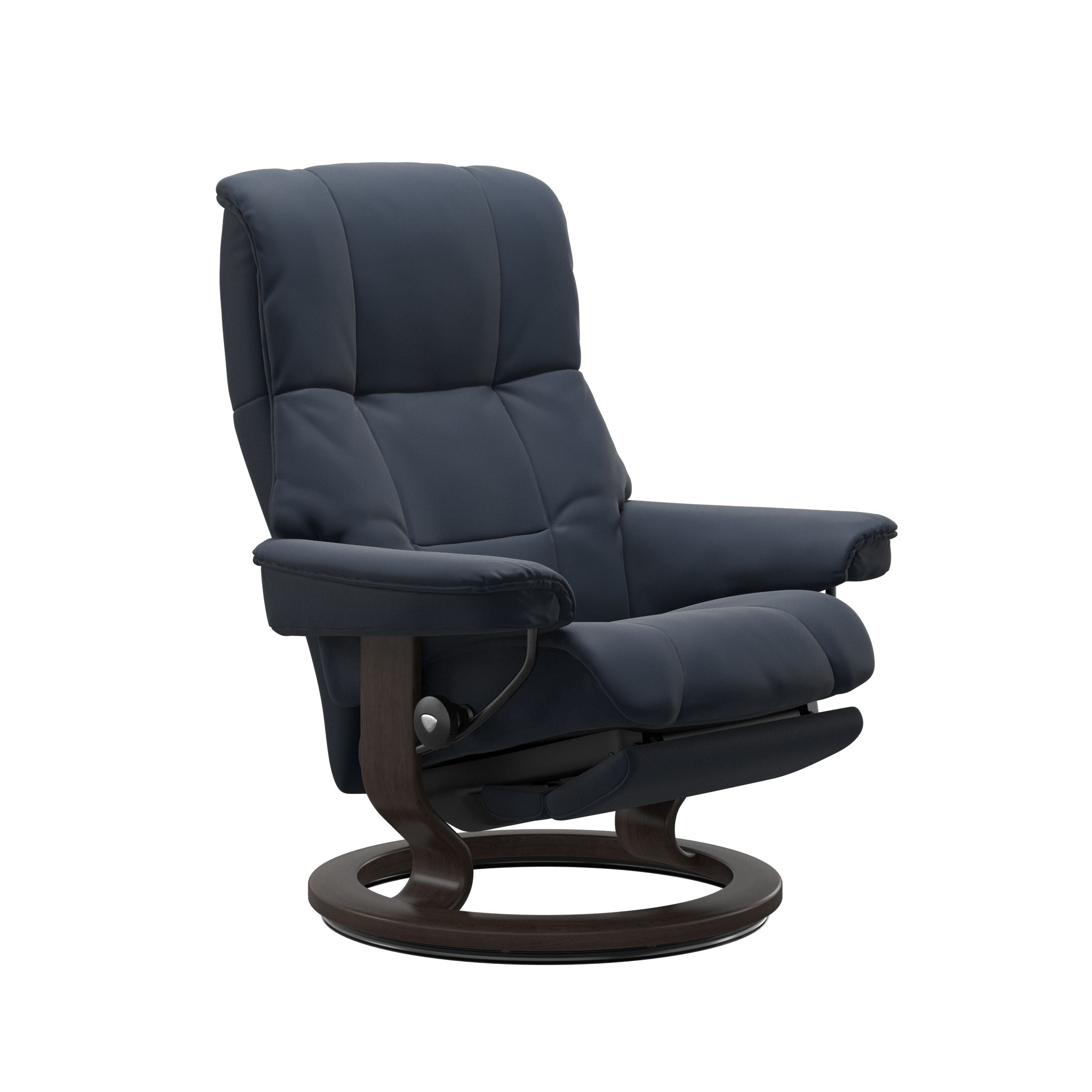  Classic Paloma Blue power recliner with round brown steel base 